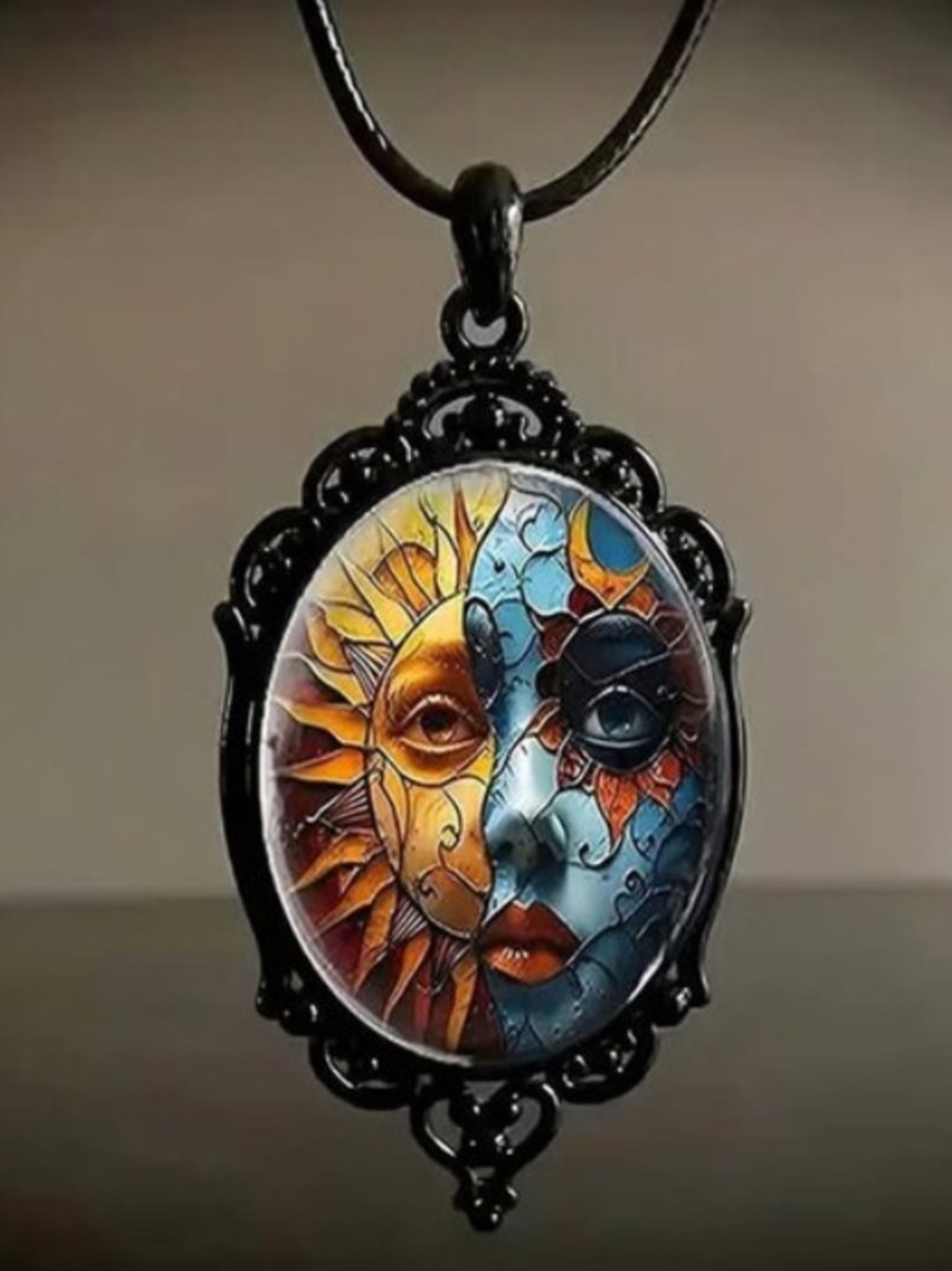 Sun and Moon Dual-Face Pendant Necklace - Black Frame